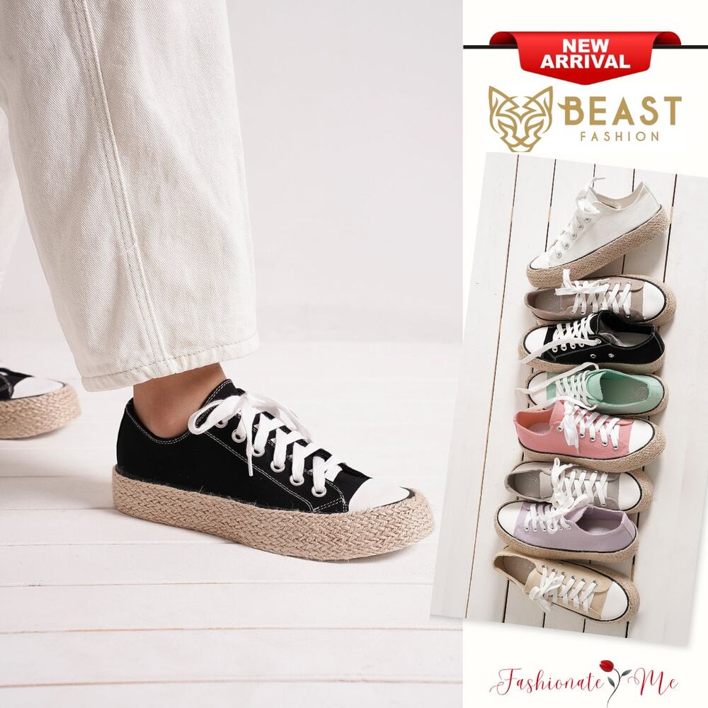Beast Fashion Lace Up Round Toe Woven Espadrille Sole Sneakers | Black